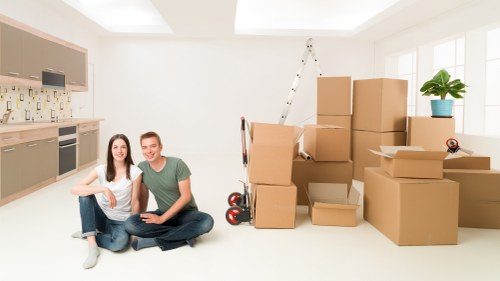 Local office relocation process with labelled boxes and furniture