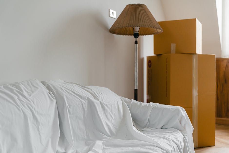 A man with dark hair and a beard, wearing a navy blue t-shirt and dark trousers, is inside a spacious, well-lit room with white walls and wooden flooring. He is holding a cardboard box with red tape in his right hand, while the box is partly lifted from another similar box placed on the floor, indicating a packing or loading process during a house move. The room features a large arched window allowing natural light to illuminate the space. In the background, there's minimal furniture or decor visible, emphasizing the focus on the packing activity. This scene exemplifies furniture transport and packing during a home relocation, as part of the moving services provided by Removal Van Haringey, a professional removals company specializing in house moves in the Haringey area.